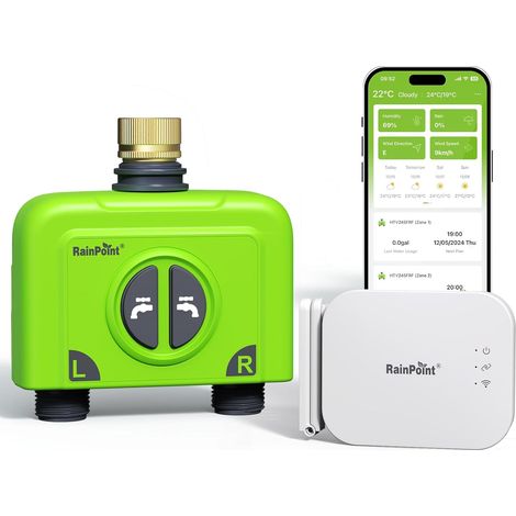 Programmateur Arrosage WiFi 2 Voies avec Entrée en Laiton Minuteur Arrosage Automatique, Passerelle D'antenne RF 150m, Smart Commande APP/vocale Basé Météo, 2x6 Programmations, pour Jardin,2-Zone-Time (1/5)