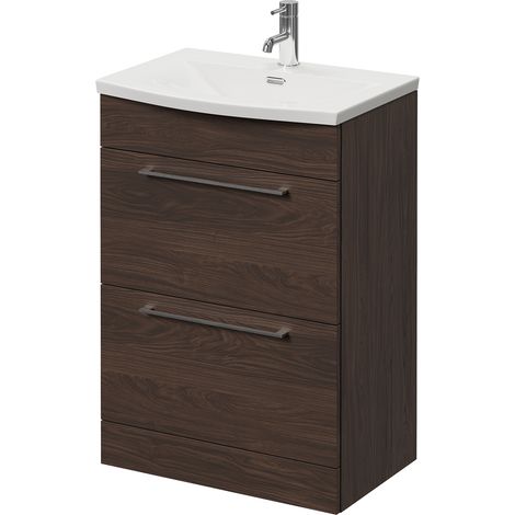 Napoli 390 Brown Oak 600mm 2 Drawer Vanity Unit with Arc Basin - 600mm - Chrome 320mm Handle