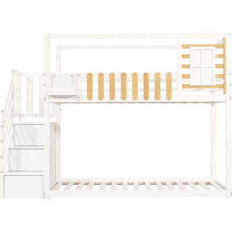 Letto a castello in pino e MDF con scala, finestra e vani, bianco/naturale, 90 x 200 cm (1/5)