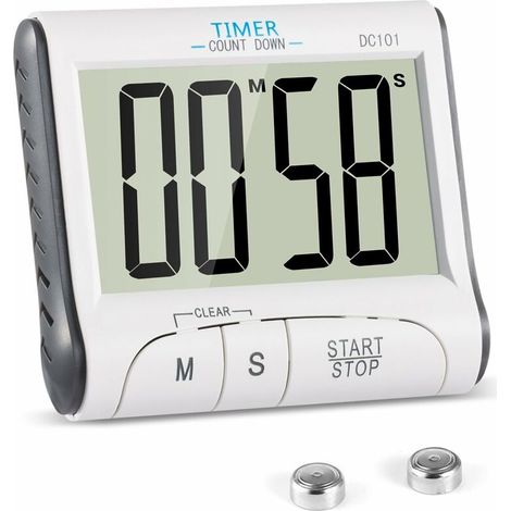 Minuteur de Cuisine, Minuterie de Cuisine Electronique Magnétique Digital 24H Minuteur Numérique avec Alarme Sonore LCD Écran Compte à Rebours Support Aimanté Blanc (1/5)