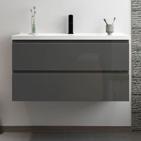 Acezanble – Ensemble de meubles de salle de bain 100 cm – Anthracite brillant – 2 tiroirs à fermeture automatique – Lavabo en céramique