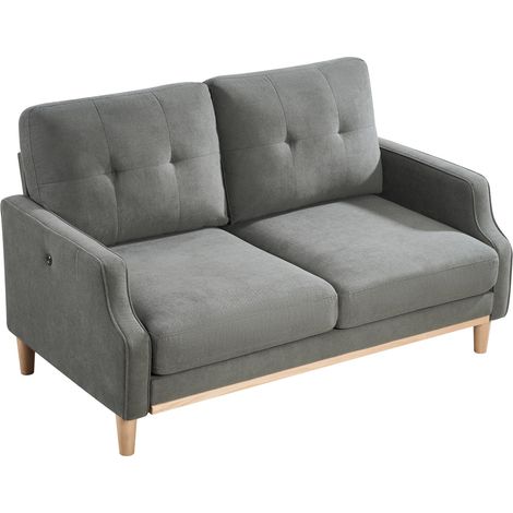 Divano loveseat a 2 posti in tessuto grigio scuro con gambe in legno e porta USB (1/5)