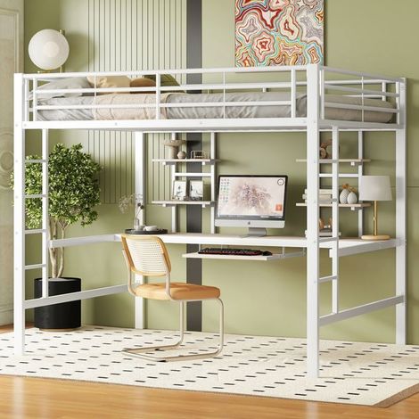 Lit Mezzanine 140x200cm Bureau Deux Étagères Plateau Clavier - lit double - Cadre en Métal Blanc Solide Échelle Gain de Place Design (1/5)