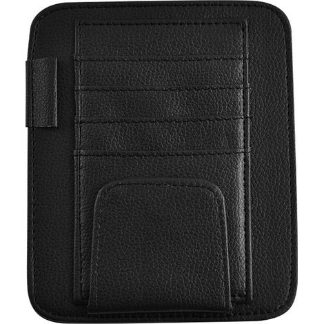 Organizzatore per aletta parasole auto, supporto universale in pelle PU con porta carte e spazio per riporre occhiali, penne, carte di credito, banconote, nero (1/2)