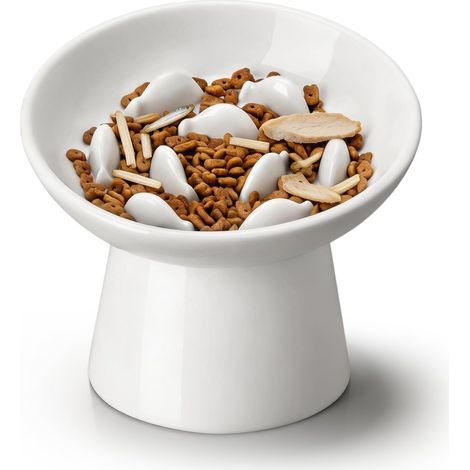 Gamelle Anti Glouton Chat Céramique, Gamelle Surélevée et Inclinée pour Chat, Bol Slow Feeder pour Croquettes et Pâtée, Gamelles Antidérapante Compatible Lave Vaisselle, Blanc (1/5)
