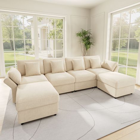 REDOM Divano angolare modulare 6 posti, braccioli regolabili, 2 pouf e 6 cuscini, ciniglia beige