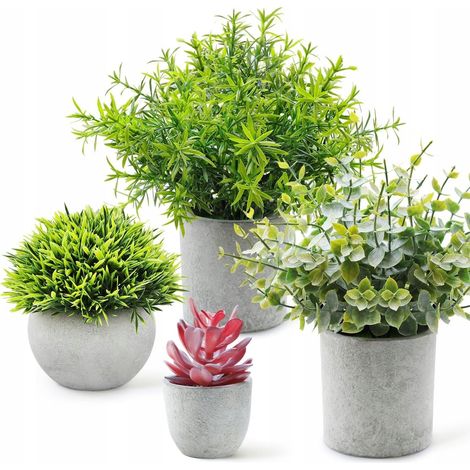 Flores artificiales. Juego de 4 macetas grises para suculentas. (1/5)