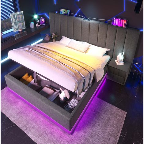 Bett Doppelbett Stauraum 160x200 Leinen grau LED OKMYHOME (1/5)