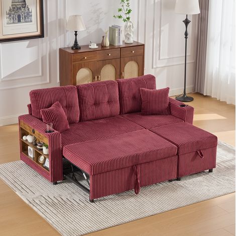 Divano letto, divano da 3 posti con vano portaoggetti, porta USB-Type-C, portabicchieri, 1 poggiapiedi con vano portaoggetti, rosso (1/5)