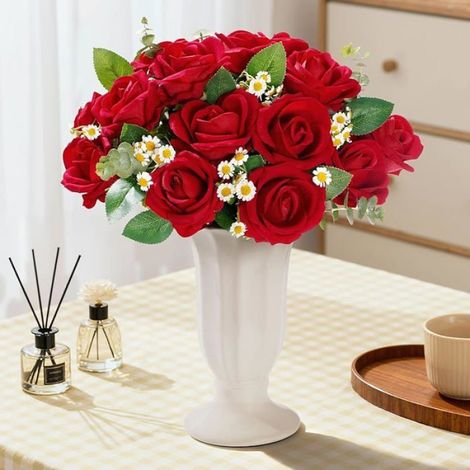 Rose Artificielle - Tige Longue 52 Cm - Diamètre Fleur 7 Cm - Velours De Soie - Pour Décoration Intérieure Mariage DIY - Lot De 12 (1/5)