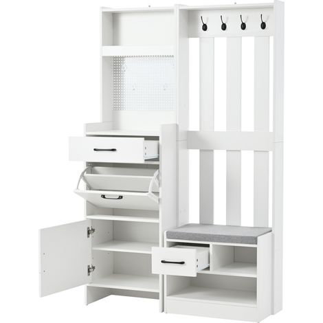 Porte-manteau multifonction blanc 7-en-1 avec banc à chaussures, 2 tiroirs et étagères - 110x35x175,5 cm (1/5)