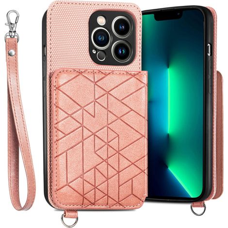 Una custodia per iPhone 14 Plus con supporto integrato, compatibile con MagSafe, caratterizzata da un design a portafoglio rimovibile con cinturino da polso e slot magnetico per carte, e da una custod (1/2)
