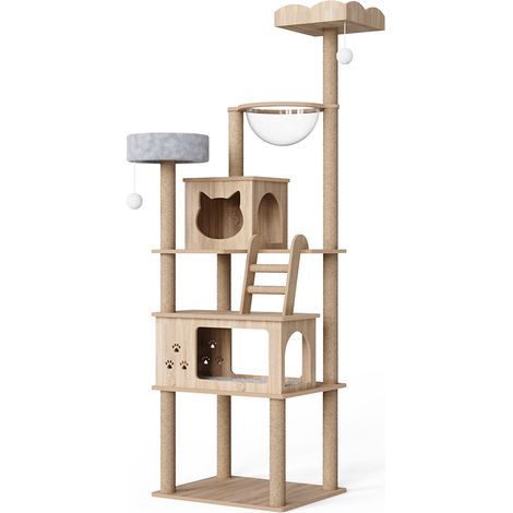 184cm Cat Tree with 11 Scratching Posts, 2 Cat Houses, 1 Transparent Space Capsule, Ladder, 2 Perches for Indoor Cats, Wooden, Mondeer (1/5)