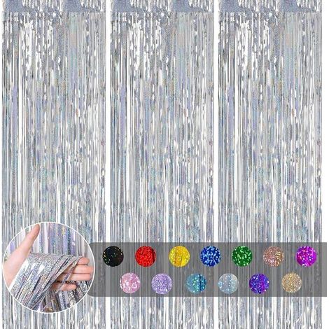 3 pièces Rideau Métallique Frange Argenté, 1mx2m Scintillants Foil Rideau Shimmer Décoration Laser Argenté RIDEAU (1/5)