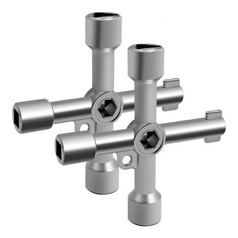 Clé en croix universelle 4 en 1 en acier inoxydable - Multifonctionnelle 4 voies - Triangle et carré pour compteurs d'eau, vannes de gaz, armoires de levage - Argent - 2 pièces (1/5)