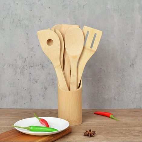 Coffret ustensiles cuisine bambou 5 pièces, lot écologique pour cuisson, résistant chaleur, manche bois naturel, accessoires culinaires durables. (1/2)