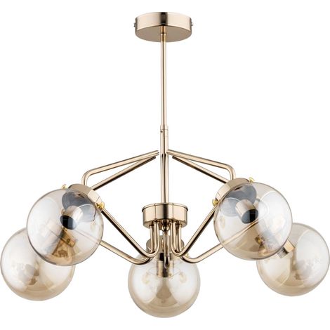 Alfa Barsum 5-Light Ceiling Chandelier, Brass/Gold Metal & Glass, E14 Sockets (max 5x40W), Dimmable Indoor Flush Mount, 58cm Modern Living Room Lamp, IP20 Rated (1/2)