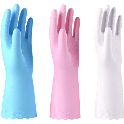 Lot de 3 gants de nettoyage réutilisables, sans latex - gants de vaisselle avec doublure en coton et paumes gaufrées (1/5)
