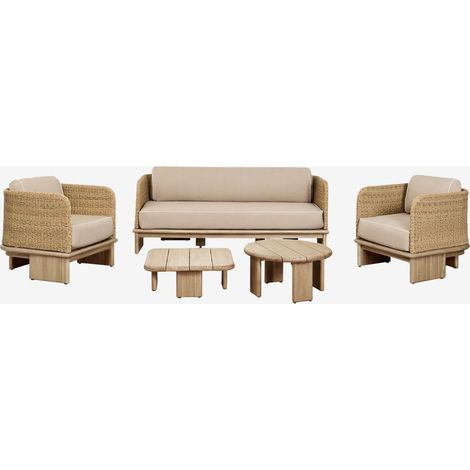 Set soggiorno con divano 3 posti, 2 poltrone e 2 tavolini in rattan e legno di acacia Famara SKLUM            