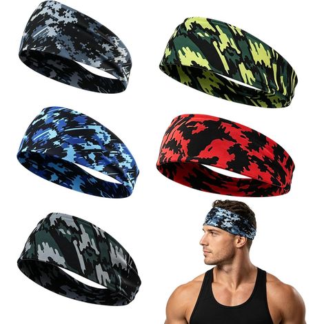 5 Pièces Sport Bandeaux Élastiques Homme, Bandeau Cheveux Serre Tete Homme Antidérapants, Absorption Transpiration, Respirant, Protection UV, Bandeau pour Sport, Running, Fitness, Yoga (1/5)