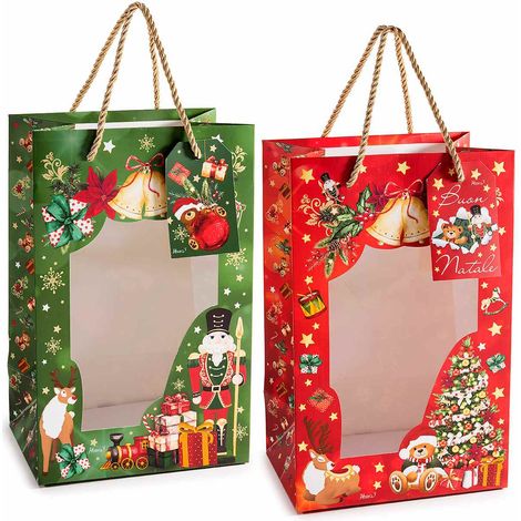 Sacchetti / buste di Natale in carta con vetrinetta trasparente e stampa natalizia con schiaccianoci ed orsetti, set da 20 pezzi, cm 16 x 11 x 25 H