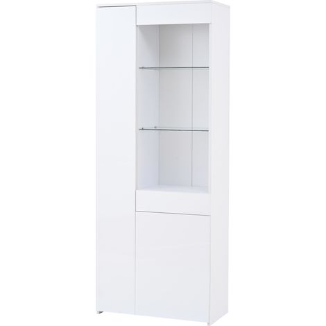 Vitrina alta blanca 70 x 35 x 180 cm con cajón, LED y puertas de vidrio templado (1/5)