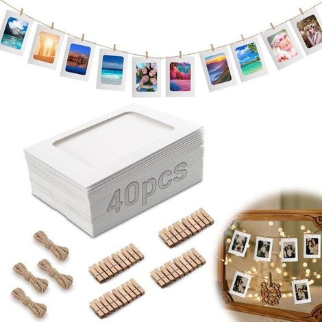 KLVGTIFS PU - 40 cadres photo suspendus en papier, cadres photo de 6 pouces avec 40 pinces en bois et 4 rouleaux de corde de jute. (1/5)