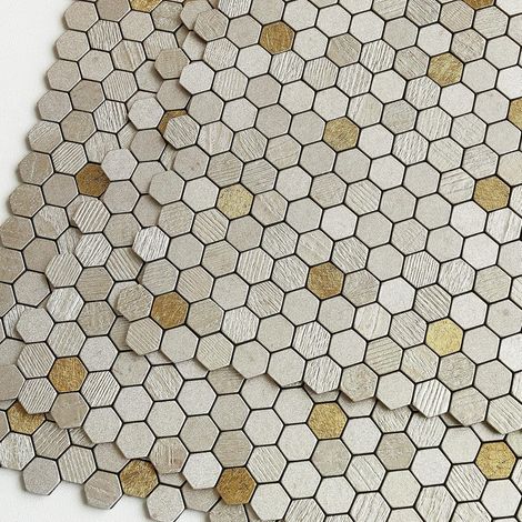 Lot de 10 carreaux muraux 3D autocollants pour carrelage de cuisine - Petit aspect pierre texturé mat - Hexagone (champagne doré) (1/5)