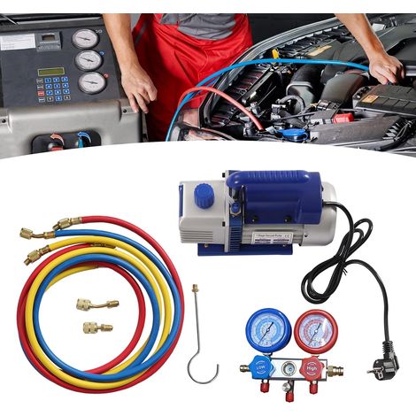 Vakuumpumpe Klimaanlage 180W, Profi Vakuumpumpe Set mit 3 Schläuchen und Manometer, 150 Mikron für R32 R134a R410a, 1 4 Zoll Anschluss, Ideal als Unterdruckpumpe für Kfz und Klimaservice (1/5)