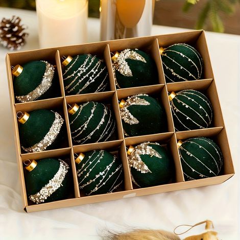 Set of 12 (6cm) Christmas Baubles, Adorned with Rhinestones and Velvet, for Decorating Your Christmas Tree and Home. (1/5)