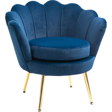 Fauteuil salon fauteuil en velours fauteuil coquillage avec pieds en métal doré pour chambre à coucher, bleu