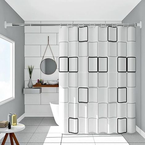Rideau de douche à carreaux noir et blanc, adapté aux baignoires, imperméable, anti-moisissure et lavable, avec crochets, 180 cm x 180 cm (1/4)