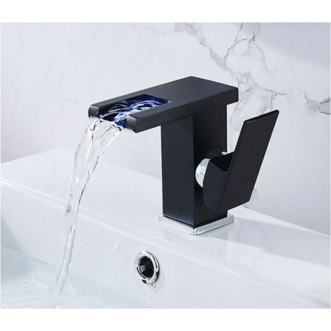 Robinet mitigeur de salle de bain, effet cascade RGB à couleurs changeantes, robinet de meuble-lavabo, robinet de lavabo, mitigeur WC monocommande – noir court (1/5)