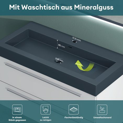 Mai & Mai Badmöbel-set Waschbeckenunterschrank 60 cm, Waschtisch mit Unterschrank in matt weiß, inkl. Waschschbecken aus Mineralguss Quadratto