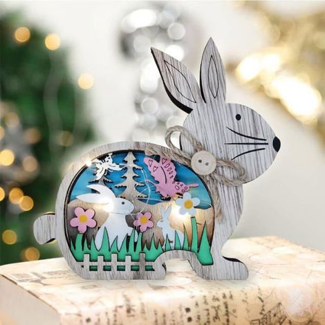 Décorations Pâques Lapin Bois, 2 Figurines LED, Support Décoration Pâques Lumineuse Intérieur Extérieur (1/5)
