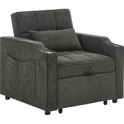 Sillón cama 3 en 1 gris oscuro con USB y Type-C, reposabrazos con portavasos (1/5)