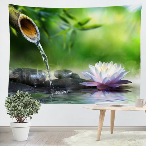 Tenture murale station thermale Zen bambous eau pierres lotus 150x200cm DIY Personnalisable