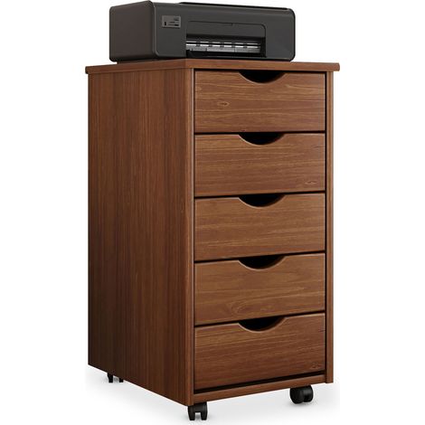 Idimex – Caisson de bureau 5 tiroirs en pin massif – Dimensions 65 x 35 x 40 cm – Couleur châtaigne – Sur roulettes pour rangement facile
