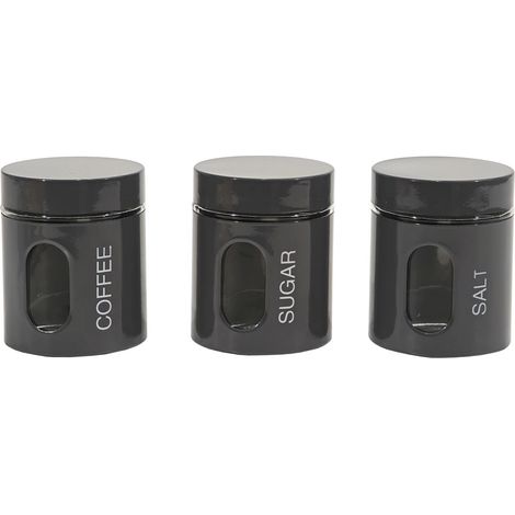 TRADE SHOP - Set 3 Barattoli Da Cucina In Vetro Acciaio Grigio Lucido Da 75cl Per Caffè Zucchero Sale -