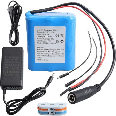 Batterie 24 V 4000 mAh avec Chargeur et câble de Connexion, pour Les projets de Bricolage, l'éclairage Public Solaire, Les caméras de vidéosurveillance et Les Haut-parleurs. (1/5)