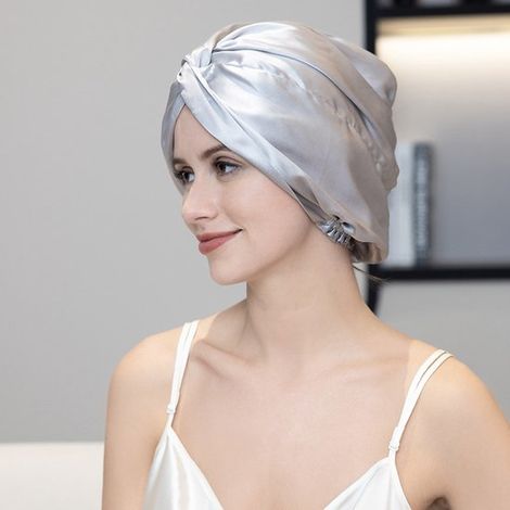 Gorro de dormir 100% seda pura para mujer, Gorro de seda de morera de primera calidad con banda elástica resistente, azul cielo (1/5)