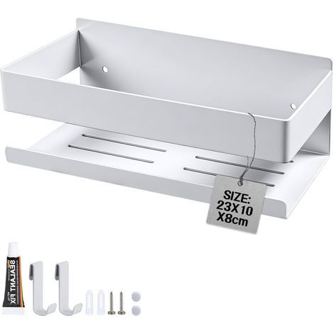 Étagère Murale Salle de Bain 23CM avec 2 Crochets Acier Inox Serviteur de Douche Sans Perçage Étagère de Rangement Support Douche, Accessoire Douche Blanc (1/5)