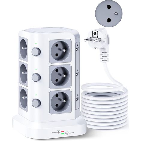 Tour Multiprise Type E, 12 Prises, 6 USB, 5M, Blanc 12 Prises Type E, 6 USB, 4000W/16A, Parafoudre, Câble 5M, Bureau, Maison (1/5)