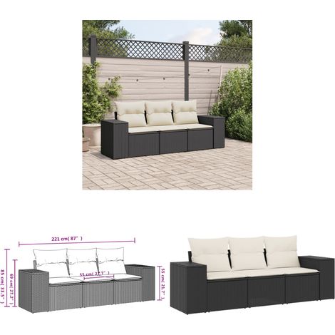 3-tlg. Garten-Sofagarnitur mit Kissen Schwarz Poly Rattan - Gartensofas - Outdoor Möbel - Gartenmöbelset - Rattan Gartenmöbel - Lounge Set - Home & Living (1/3)