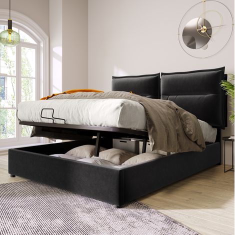 Letto con contenitore in velluto nero 140x200 cm, testiera regolabile, rete a doghe inclusa (1/5)