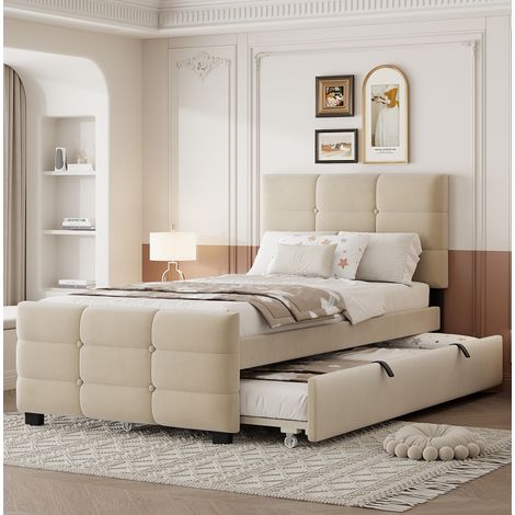 Letto con letto estraibile 90x190 cm con testiera, rete a doghe e letto aggiuntivo, in velluto beige, materasso non incluso (1/5)