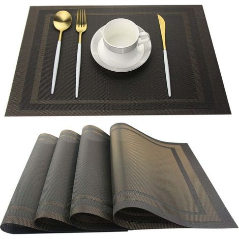 Sets de Table PVC Antidérapant Lavable Résiste à la Chaleur Rectangulaire Vinyle Set de Table pour Restaurant, Table à Manger en Cuisine ou Salle à Manger, 12x18 in Lot de 4 (Noir)