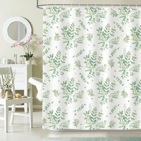 Rideau de Douche Feuilles Vert Aquarelle Rideau de Bain Motif Botanique 180x180cm, Polyester Imperméable Anti-Moisissures avec 12 Crochets (1/5)