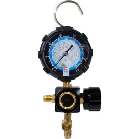 Convient aux manomètres à collecteur unique basse pression R410A, R22 et R404A avec vannes de régulation, utilisés pour la charge de réfrigérant de climatisation. (1/2)