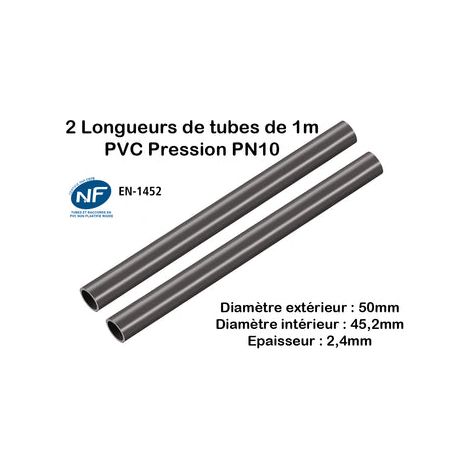 Lot de 2 Barres Tuyau Rigide Tube PVC Pression PN10 50mm : Longueur 1m